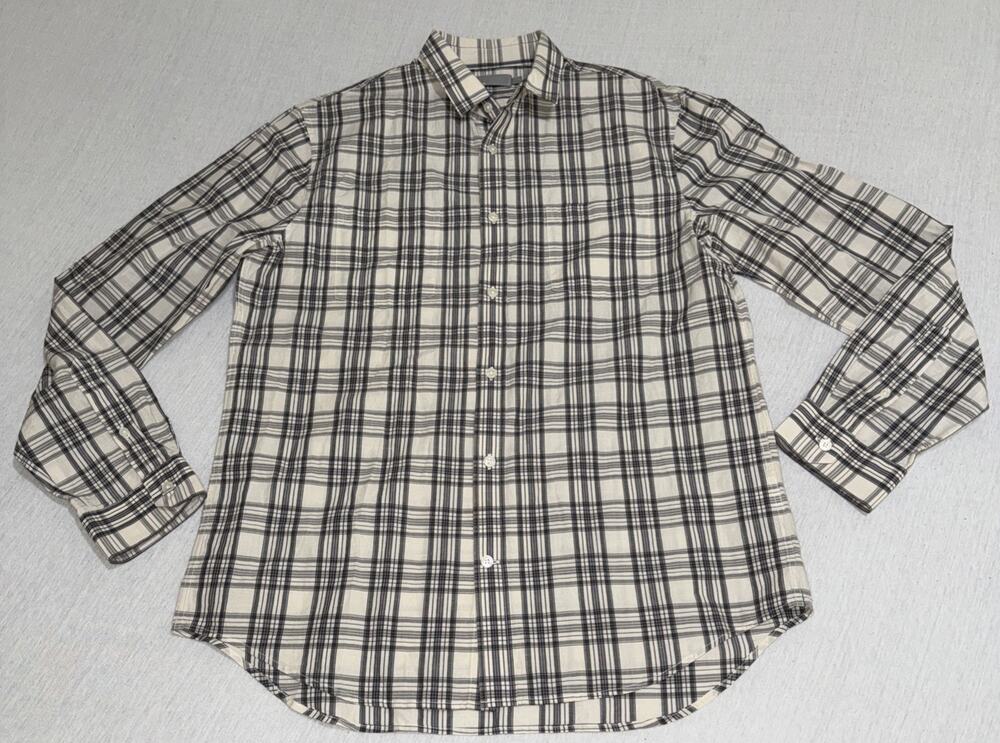 Vince Men Button Down Shirt Large L Gray Black Check 100% Cotton Classic Fit EUC